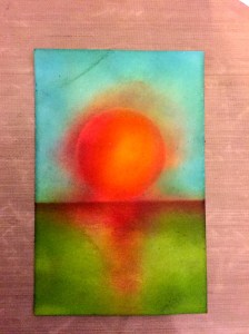 Blend back some blue in the sky & green into the grass to tone down the sun