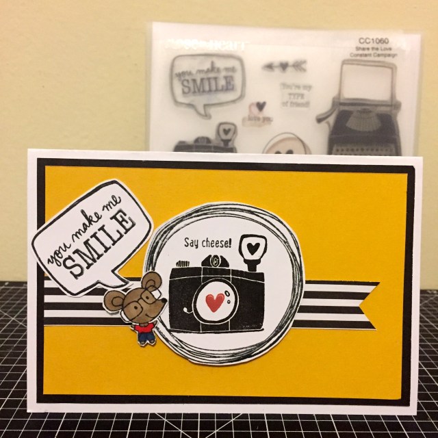 You make me Smile, say Cheese: Share the Love featuring Animal Greetings. CTMH Operation Smile Stamp sets. La Vie En Rose paper scraps with siliver sequins. Colouring done with ShinHan™ Touch Twin™markers.