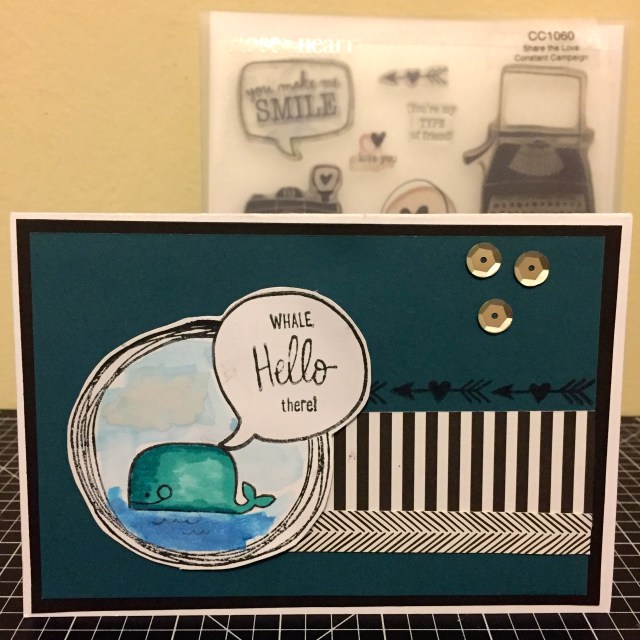 Whale Hello there: Share the Love featuring Animal Greetings. La Vie En Rose paper scraps with sliver sequins. Colouring done with ShinHan™ Touch Twin™markers, background inside the Doodle circle created with watercolour sets.