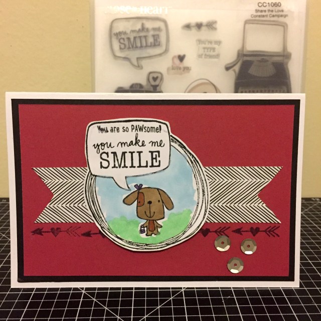 You are so pawsome, you make me Smile: Share the Love featuring Animal Greetings. CTMH Operation Smile Stamp sets. La Vie En Rose paper scraps with silver sequins. Colouring done with ShinHan™ Touch Twin™markers, background inside the Doodle circle created with watercolour sets.