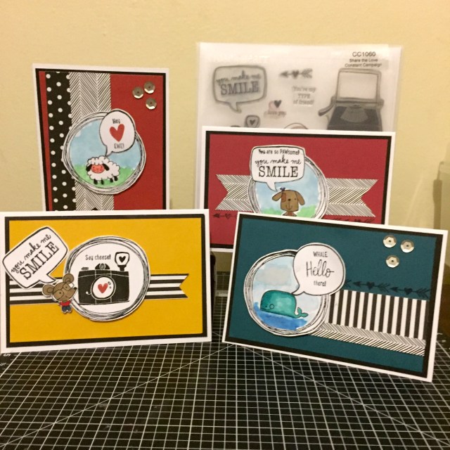 Share the Love featuring Animal Greetings. CTMH Operation Smile Stamp sets. La Vie En Rose paper scraps with silver sequins. Colouring done with ShinHan™ Touch Twin™markers, background inside the Doodle circle created with watercolour sets.