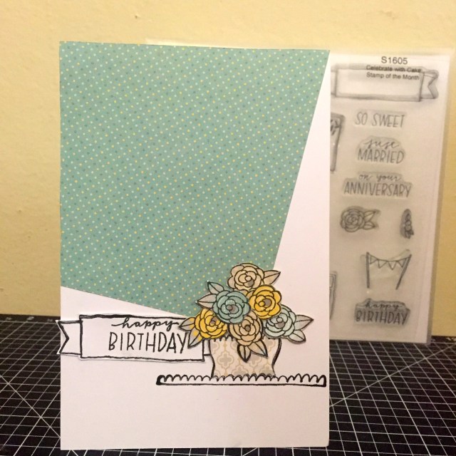 Happy Birthday with a vase of Flowers. Created with May stamp of the Month - Celebrate with Cake. Stamped & fussy cut from Georgie Paper. www.maz.ctmh.com.au