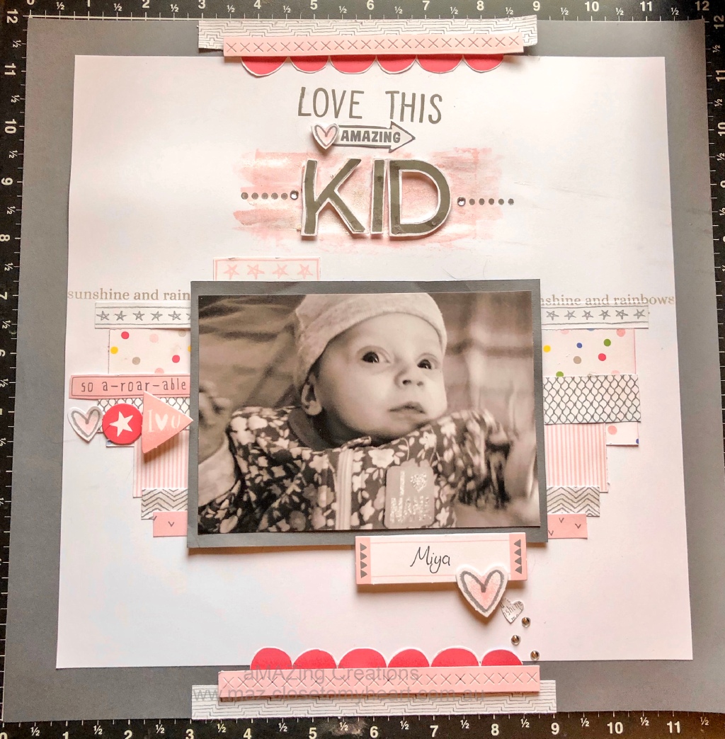 Love This Kid Scrabooking Baby Layout with Close To My Heart Something Fierce Paper Suite & CTMH Stamp of the Month Card Captions #ctmh #ctmhSomethingFierce https://maz.closetomyheart.com.au
