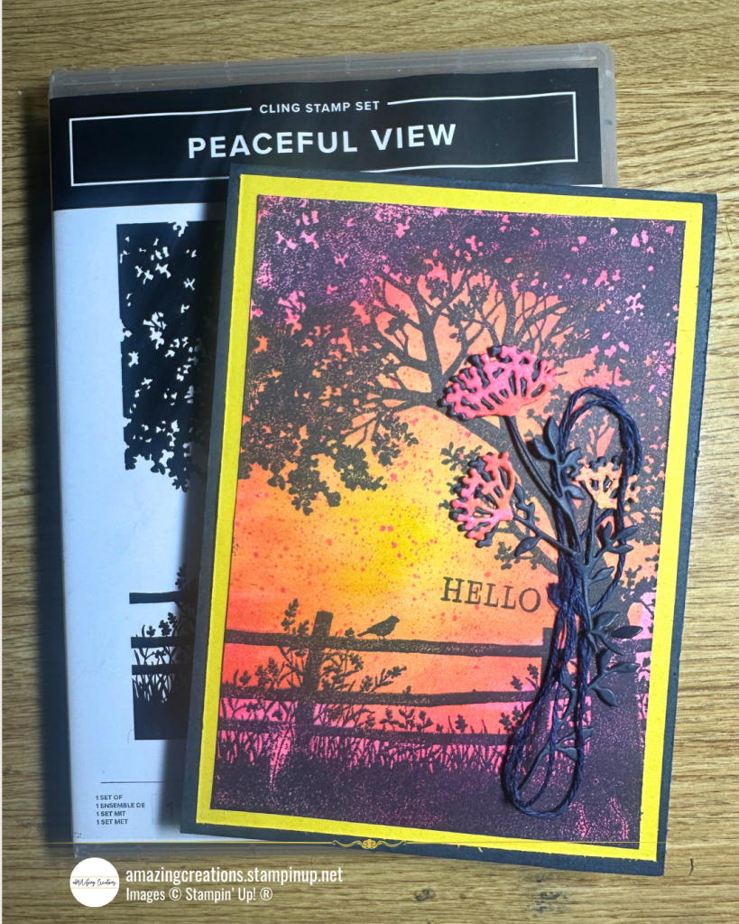 Let the ink do the talking! Inspired by the colours of Sunset & Sunrise in the skies, this handmade card layers vibrant blends and soft splatters with the serene silhouette from the Stampin' Up! Peaceful View stamp