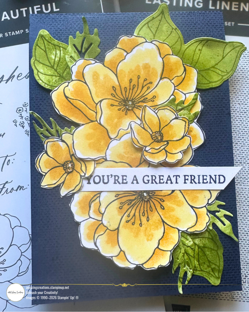 This card uses the Stampin' Up! Simply Beautiful card and multiple techniques to create dimension: tone-on-tone Lasting Linen texture for the background, Stampin' Blends shading to make flowers look three-dimensional before cutting, watercolor wash backgrounds - it's about intentionally building visual and physical layers that work together!|