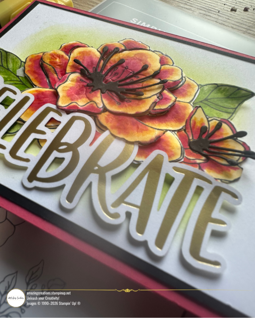This gorgeous floral card made with Stampin' Up!'s Simply Beautiful Bundle proves that crafting doesn't have to be perfect to be beautiful. Featuring warm orange and yellow blooms coloured with Stampin' Blends, dimensional shaping techniques, and that stunning gold Celebrate sentiment. 