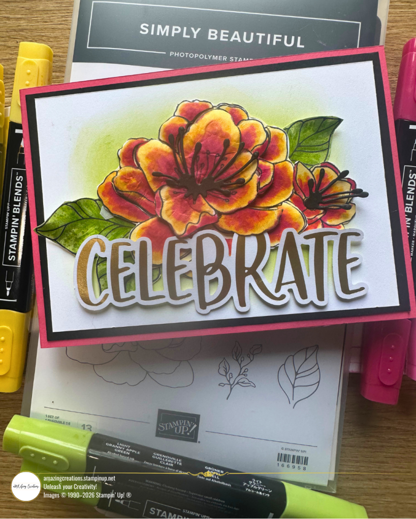 This gorgeous floral card made with Stampin' Up!'s Simply Beautiful Bundle proves that crafting doesn't have to be perfect to be beautiful. Featuring warm orange and yellow blooms coloured with Stampin' Blends, dimensional shaping techniques, and that stunning gold Celebrate sentiment. 
