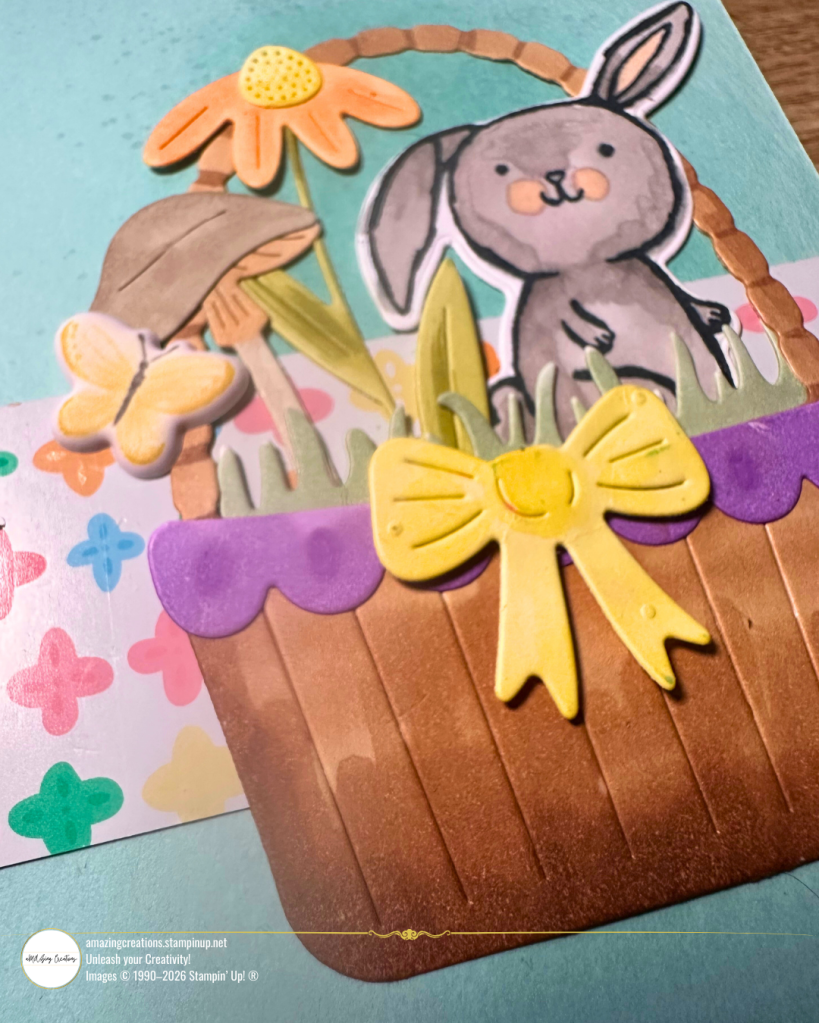 A playful handmade card featuring a stamped bunny, layered basket die cuts and soft colouring. Created with the Stampin’ Up! Easter Basket Bundle, Sweet Bugs Dies and subtle foil accents.