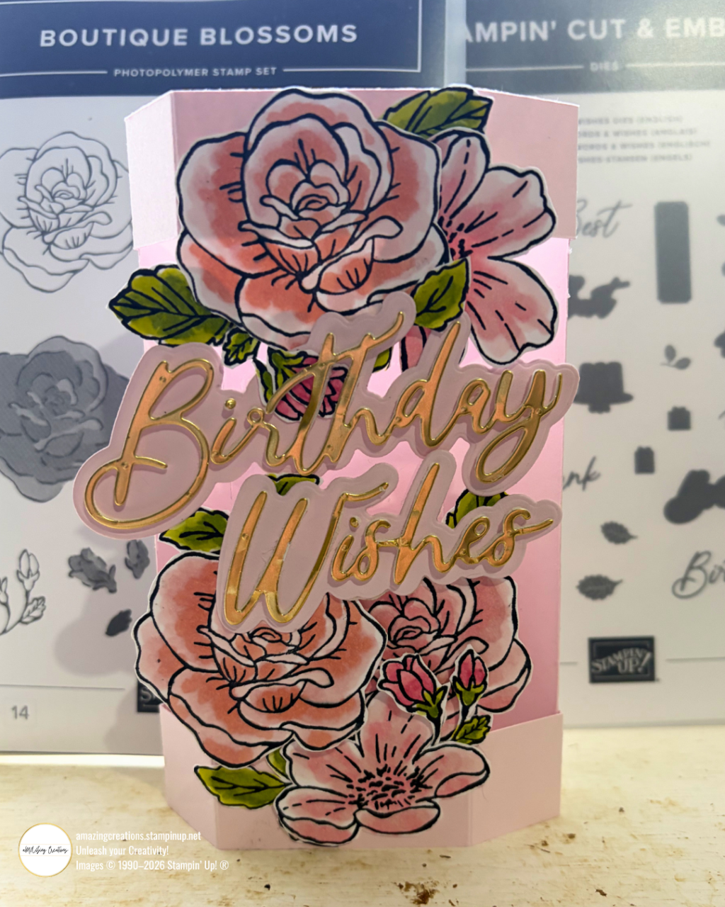 Big blooms. Gold words – Boutique Blossoms Birthday Wishes — Hexagon Pop-Up Fun Fold Card