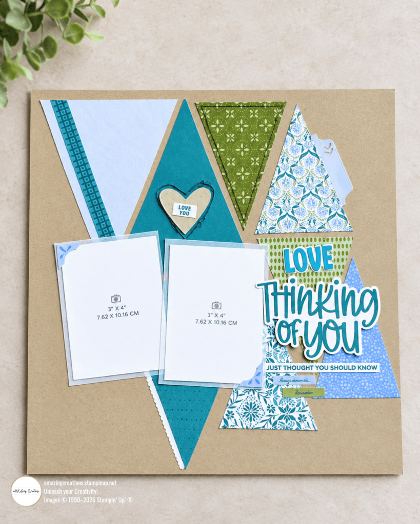 Stampin' Up! Thinking of You Scrapbook Layout: Doodling, Die-Cutting, Stenciled & Pattern Paper Triangles